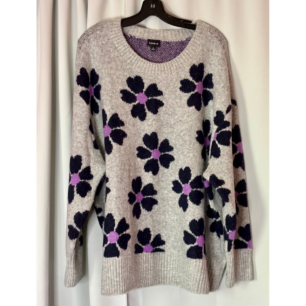 Torrid Womens Grey Floral Intarsia Knit Crewneck Sweater Plus Size 2 2X 44495640 - Picture 1 of 7